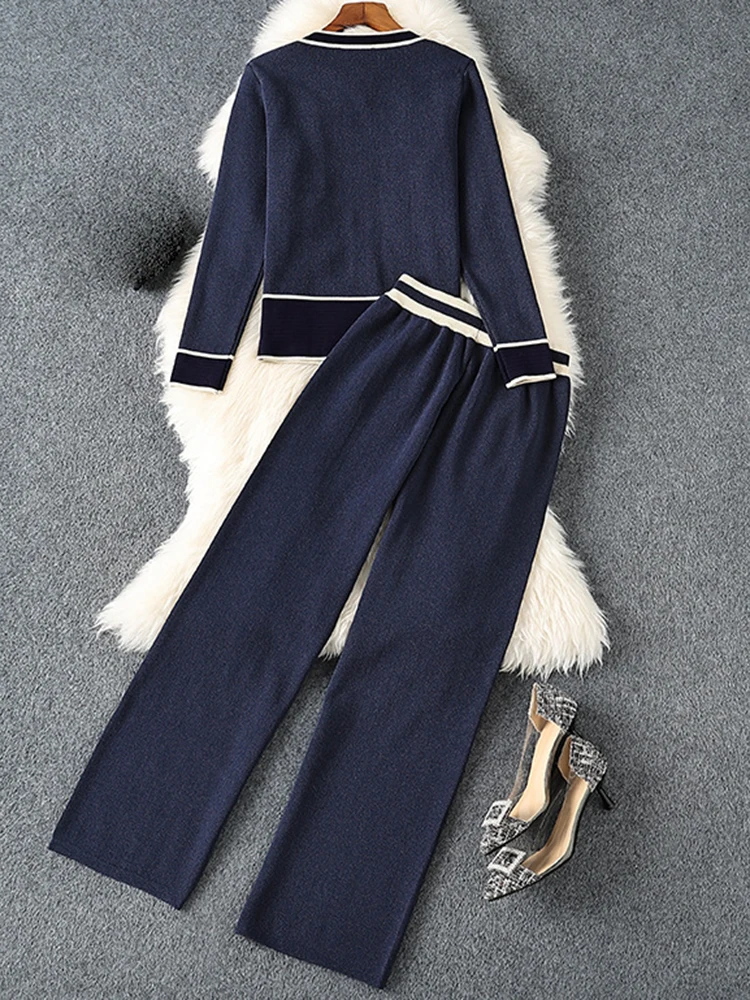 ZJYT Autumn Winter Knitted Pant Sets 2 Piece for Women Elegant Color Block Cardigan Sweater Blue Outfits Casual Trousers Suits