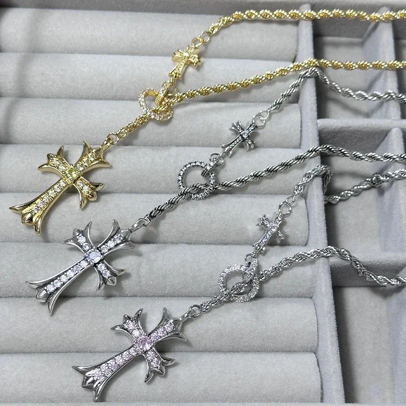 

MDL Moissanite style Classic Vintage Necklace Cross with Sparkling Pink Diamonds Wrap Around Bracelet