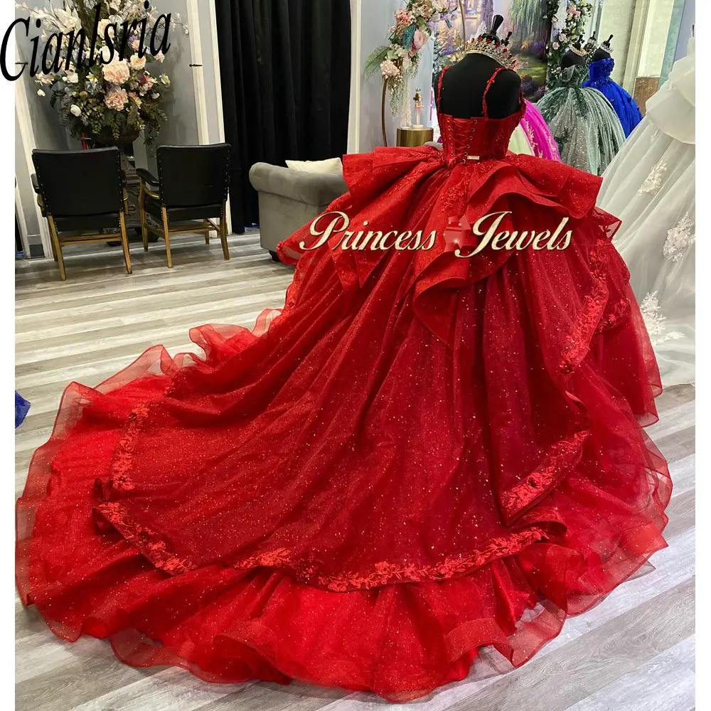 

Red Spaghetti Strap Ruffles Quinceanera Dresses Ball Gown Glitter Crystal Appliques Lace Sweet 15 Birthday