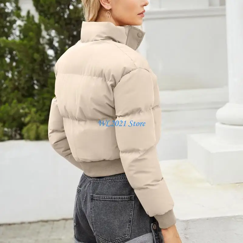 G5GC Womens Cropped Puffer Coat Long Sleeve Oversized Stand Collar Zipper Short Coat Warm Crop Coat