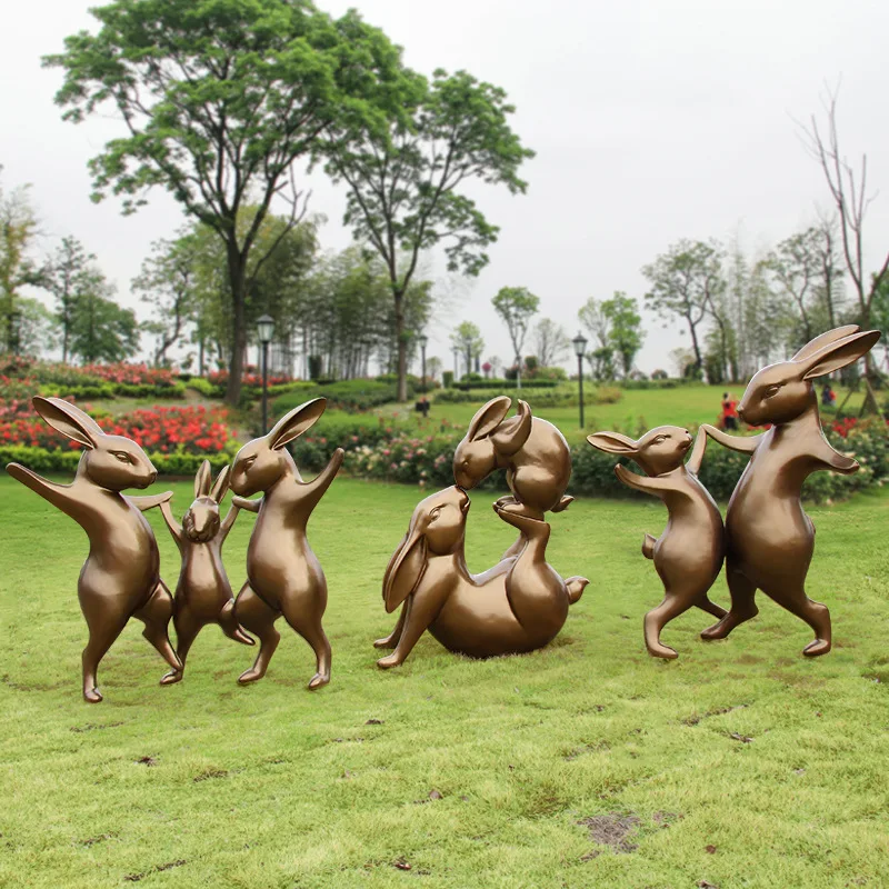 Imitation copper rabbit sculpture, fiberglass, dancing and running animals, sales department, park, villa, scenic area, lawn orn