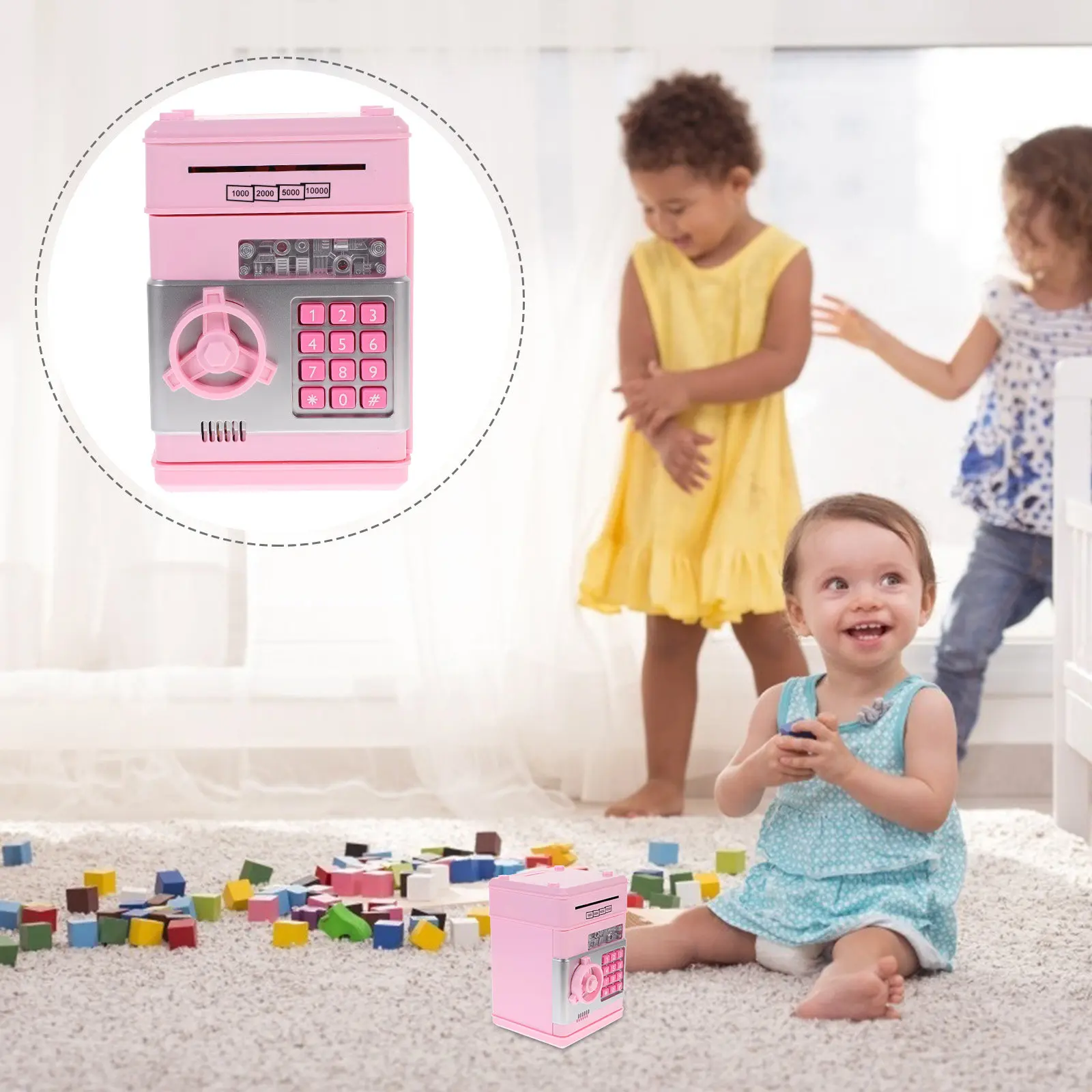 

Intelligent Voice Money Saving Bank Pink Button Random Safe Box for Kids with Automatic Paper Money Entrance