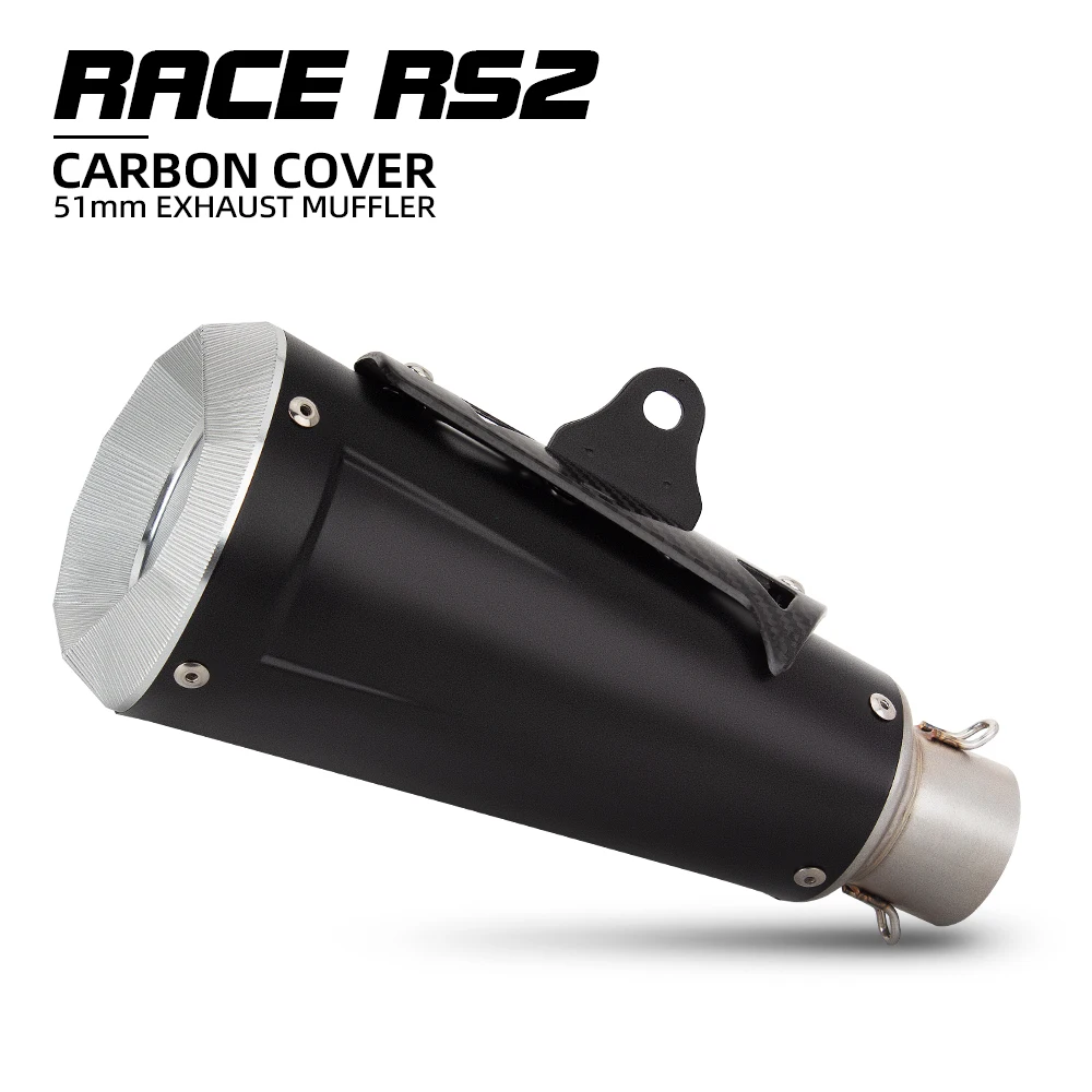 Universal 51MM Race RS2 Motorcycle Exhaust Muffler with Carbon Cover for R3 CBR500R GSR400 VERSYS250 VSTROM650 TNT600 450NK ZX6R