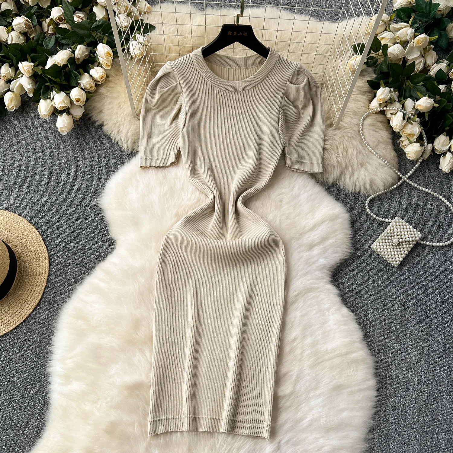 2024 Summer Solid Knit New Sexy O Neck Dress Women Short Puff Sleeve Elatic Waist Bodycon Sundress Female Beach Midi Long Dress