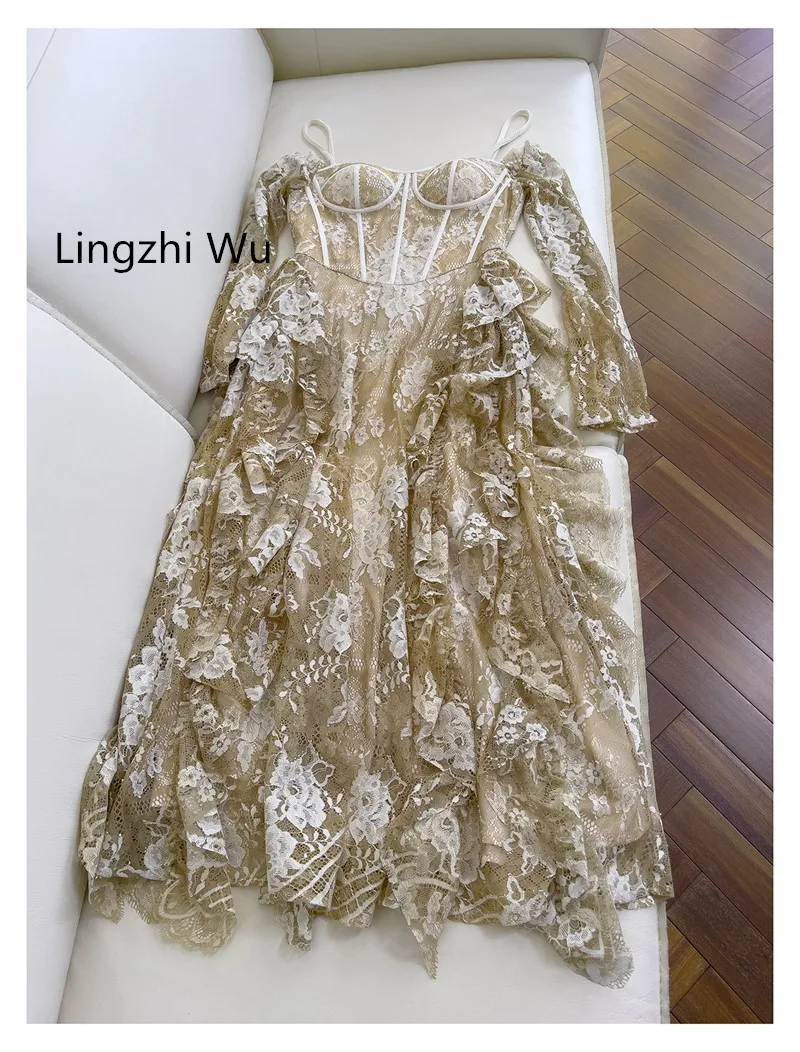 Lingzhi Wu French Design Spaghetti Strap Off The Shoulder Long Sleeve Lace Dress, Fungus Decoration, Formal Dresses, Fairy