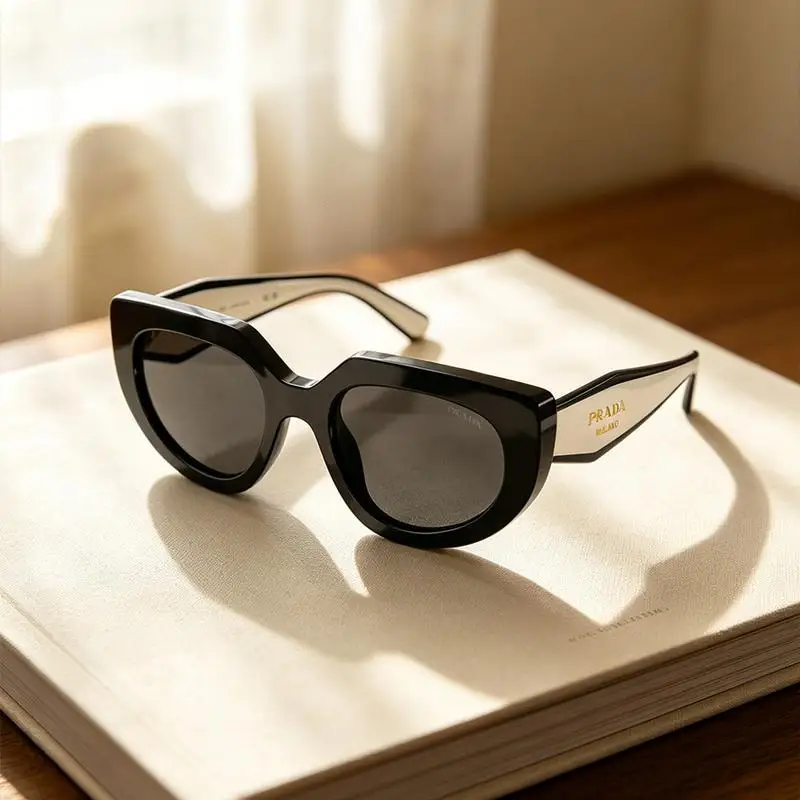 PRADA 0PR D02SF 20G08Z Black Acetate Oval Sunglasses Dark Grey Lenses Logo Temple Designer Eyewear for Women and Men