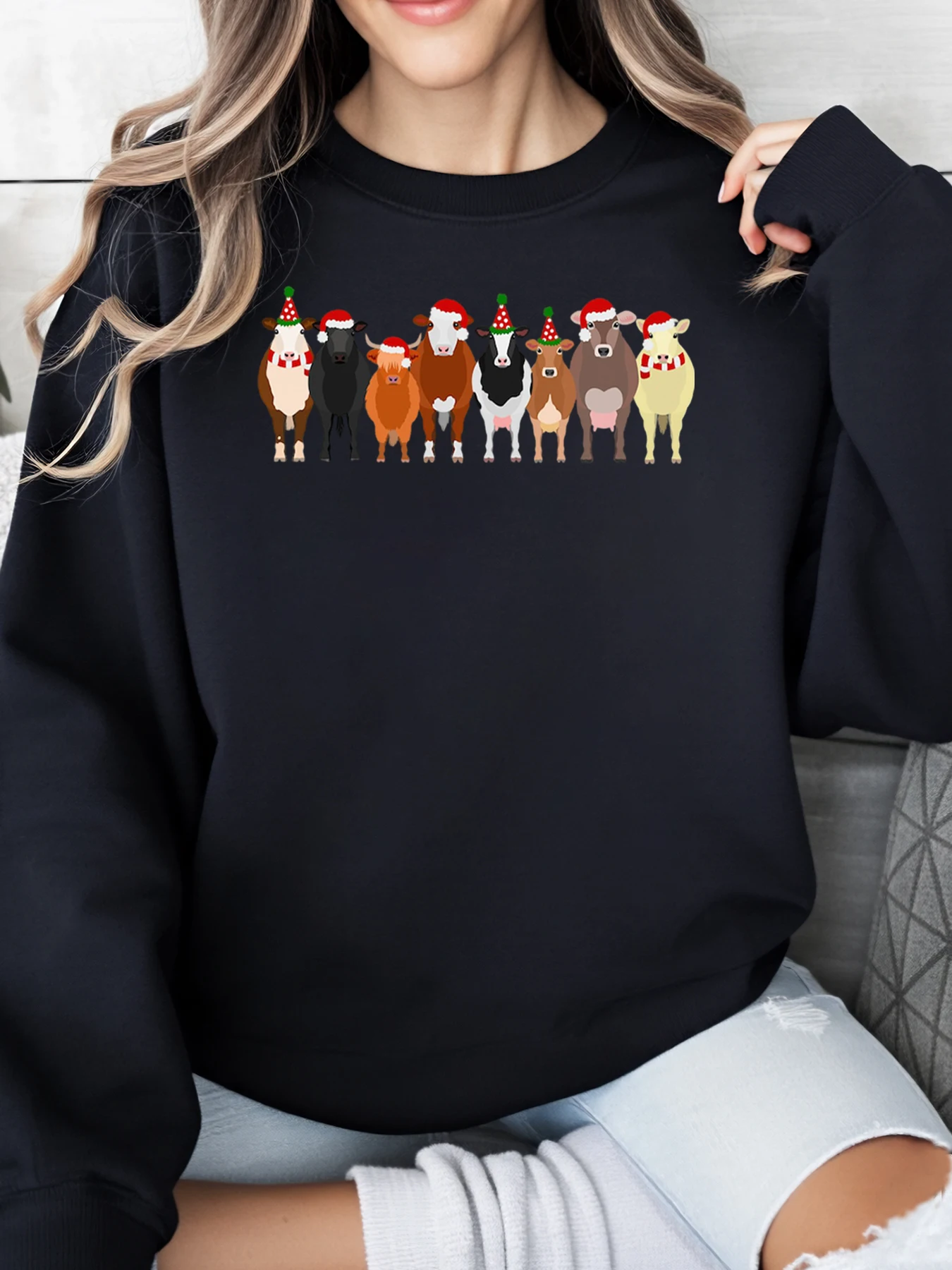 عيد الميلاد الأبقار طباعة عطلة البلوز المرأة عارضة ارتداء حزب الزي الأسود زائد الحجم #1