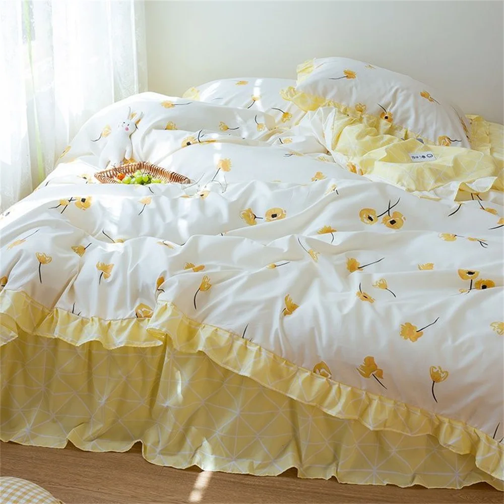 

Spring Floral Bedding Set For Girls Skin-friendly Washed Cotton Bed Skirt Sheet With Pillow Case INS Ruffled Lace Bedspread