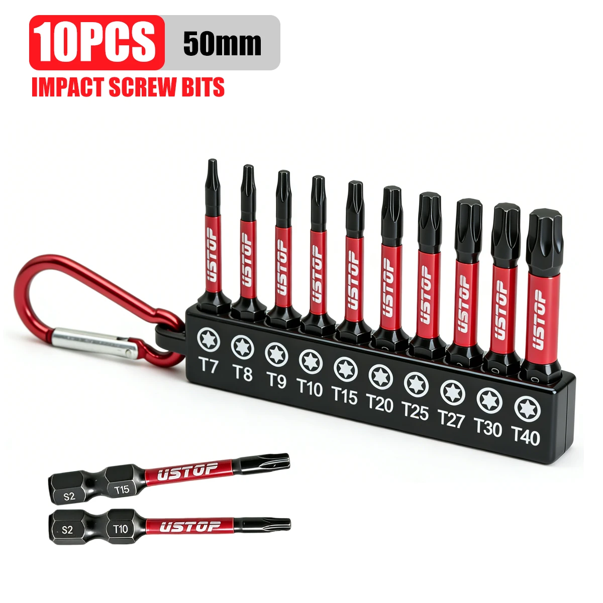 Ustop, Conjunto de 10 Pontas de Impacto em Formato de Estrela com Mosquetão de Escalada, Compatível com Vários Modelos, 50mm, Pontas Torx Magnéticas, Material em Aço S2, Adequado para Chaves de Fenda Elétricas