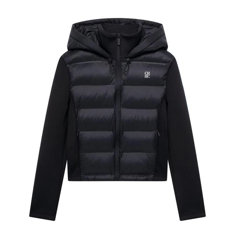 CH Women Hooded Zip Up Jacket Mixed Fabric Drawstring Hood Chest Embroidery Casual Ladies Outerwear Coats