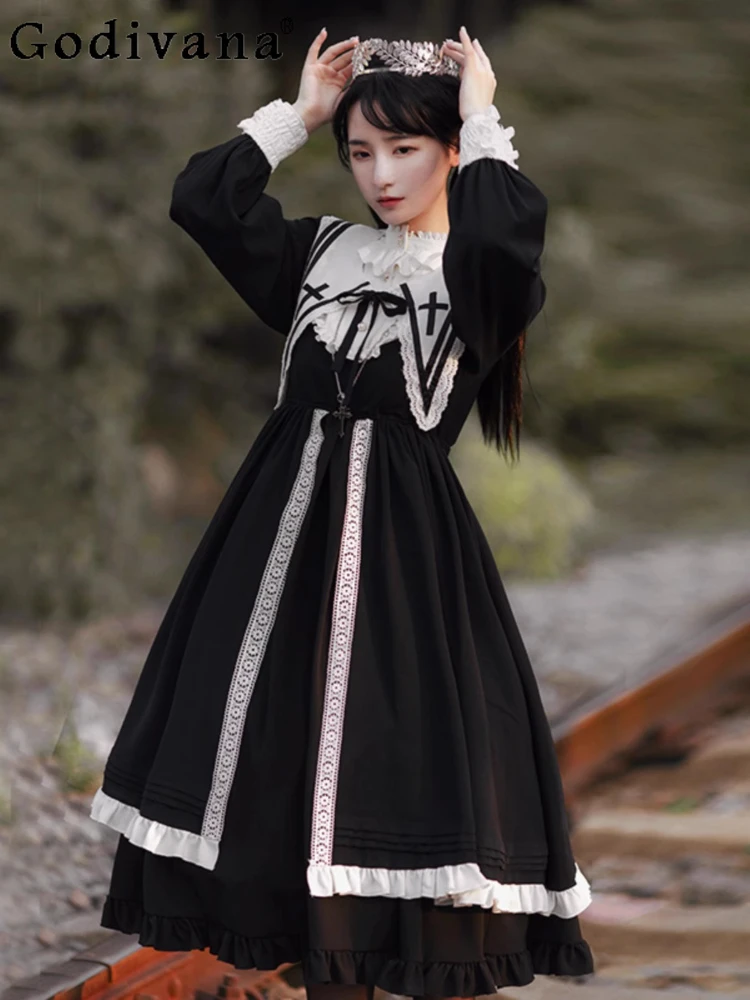 

2025 New Big Swing Lolita Temperament Stand-up Collar Sweet Ruffles Splicing Dress Girls High Waist A-line Long Sleeve Dresses