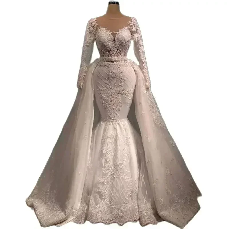 Maßgeschneidertes wunderschönes Brautkleid mit U-Ausschnitt, Spitzenapplikationen, Meerjungfrauen-Schnitt und abnehmbarer Schleppe, lange Ärmel, Vestido De Novia 2025