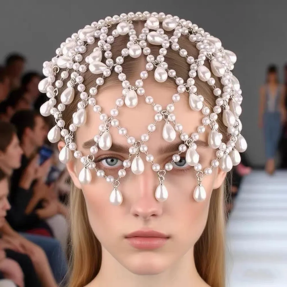 

Винтажный элегантный головной убор с жемчугом и бисером, свадебный аксессуар для волос, ажурная повязка на голову в богемном стиле