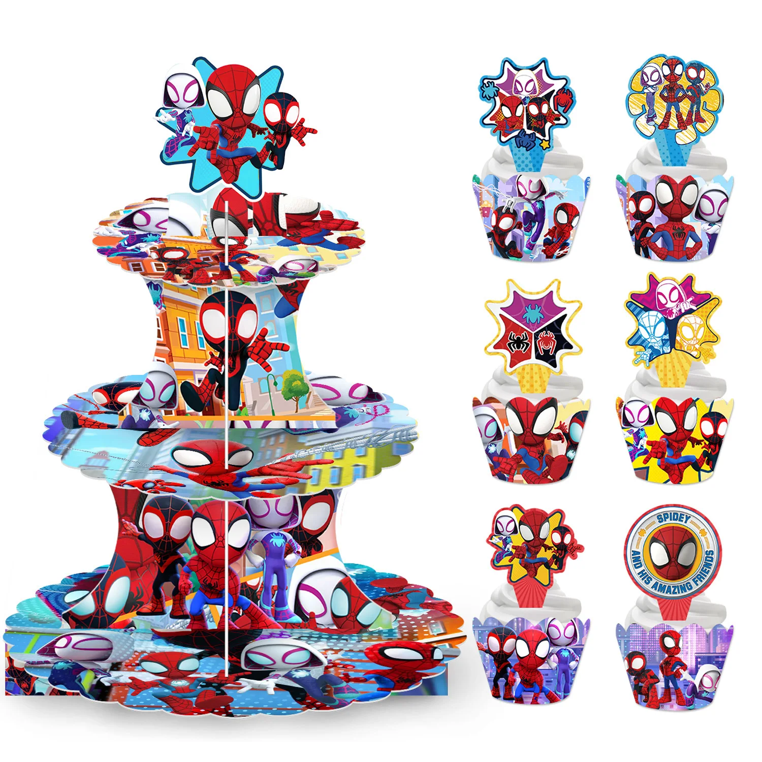 Spider Man and his magical friends party decoration birthday cake rack dessert table cupcake surround