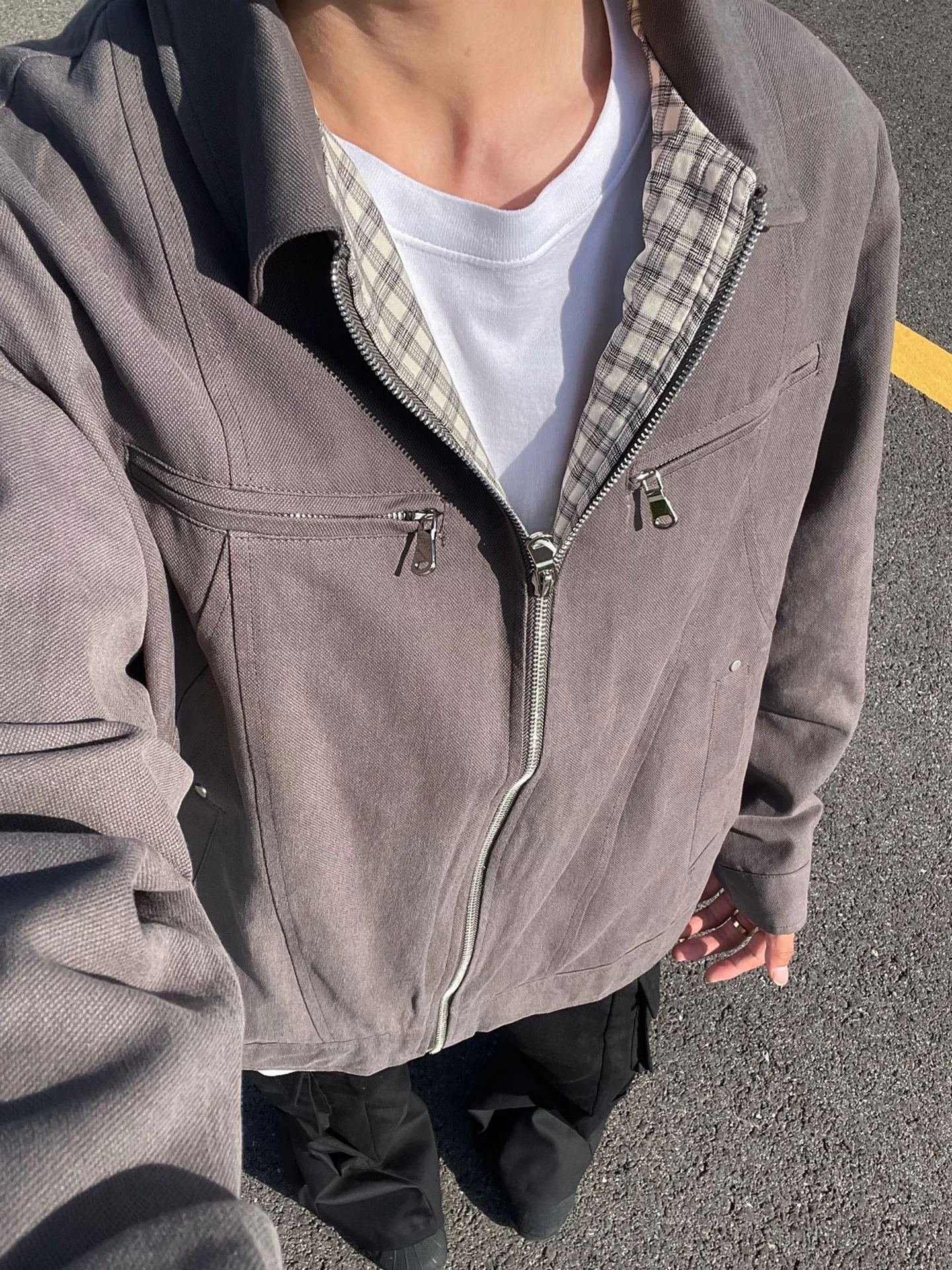 

Deep ey Plaid Splicing Men's Denim Jaet ort Sle Autumn American Waed Workwear Jaet Youthful Vitali Wind