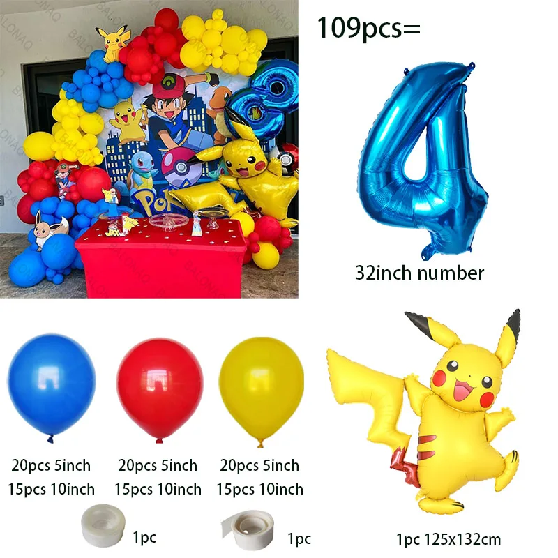 109 Stück Pokemon Pikachu Thema Geburtstagsballon Stehend Pokemon Babyparty Globos Kinder Erster Geburtstag Dekorationszubehör