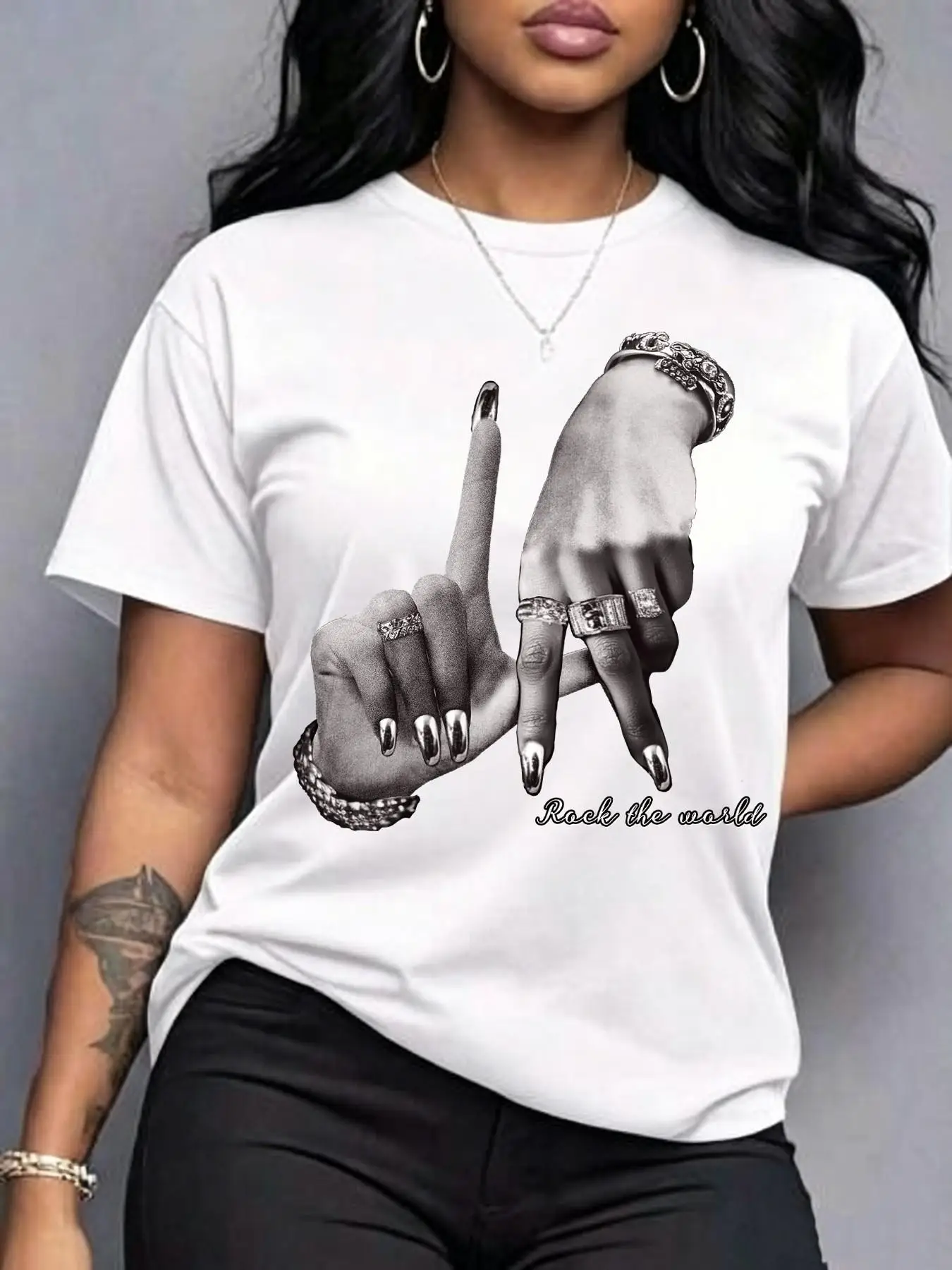 Ladies Vintage Silver Color Jewelry Hand Slogan Print Casual Loose-Fit T-Shirt Wrinkle-Resistant Cotton Blend Top