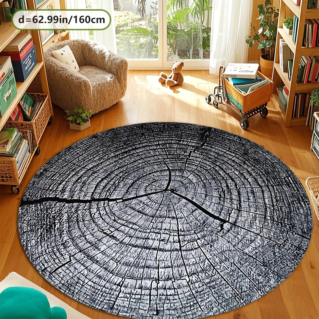 Tree Ring Wood Grain Round Rug Flannel Nature Inspired Carpet Living Room Floor Mat Eco Friendly Design SofaSide DiameterDurable