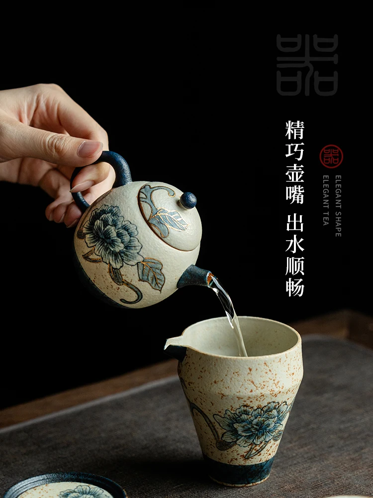 

Blue and White Fire Stone Red Ceramic Teapot Creative Decoration Hand Painted Peony High-End Gift Box