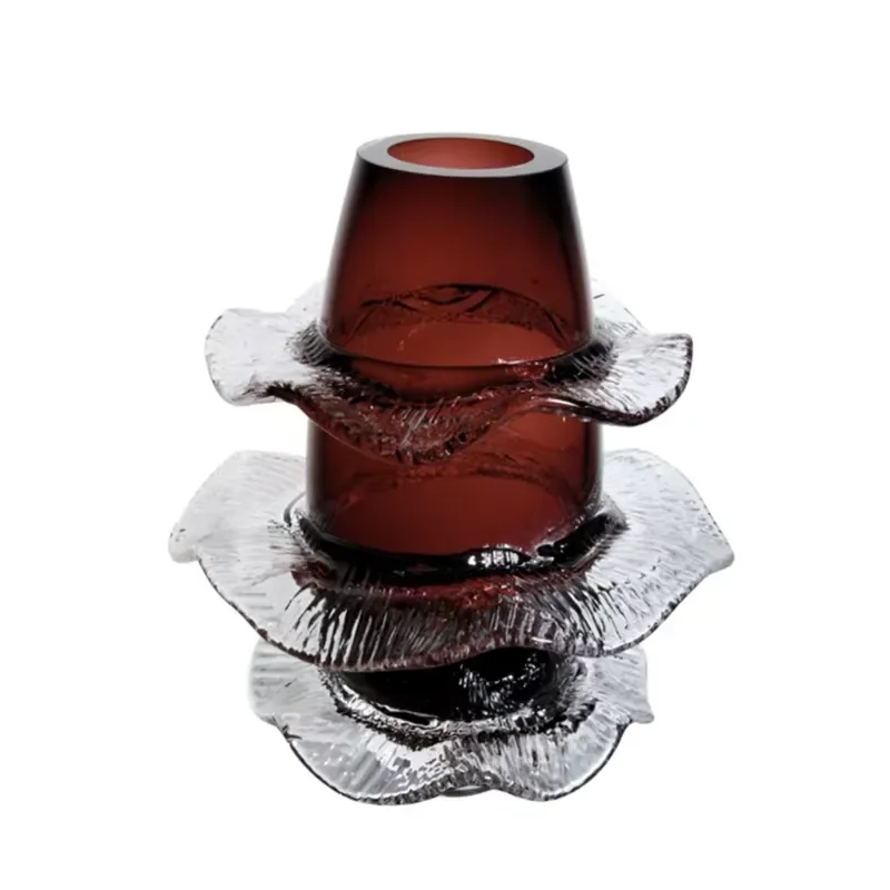 Burgundy Red Hand Blown Glass Vase High Footed Wavy Ring Design Ice Crack Pattern Centerpiece for Wedding Hotel Palace Home