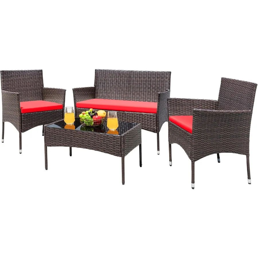 

Patio Furniture 4 Pieces Conversation Sets Outdoor Wicker Rattan Chairs Garden Backyard Balcony Porch Poolside loveseat