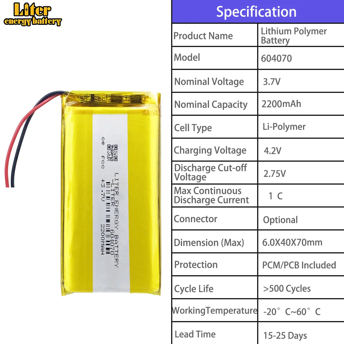 604050 1800mah 604070 2200mah 604396 2500mah 605060 2000mah 605562 2700mah 3.7V polymer lithium battery