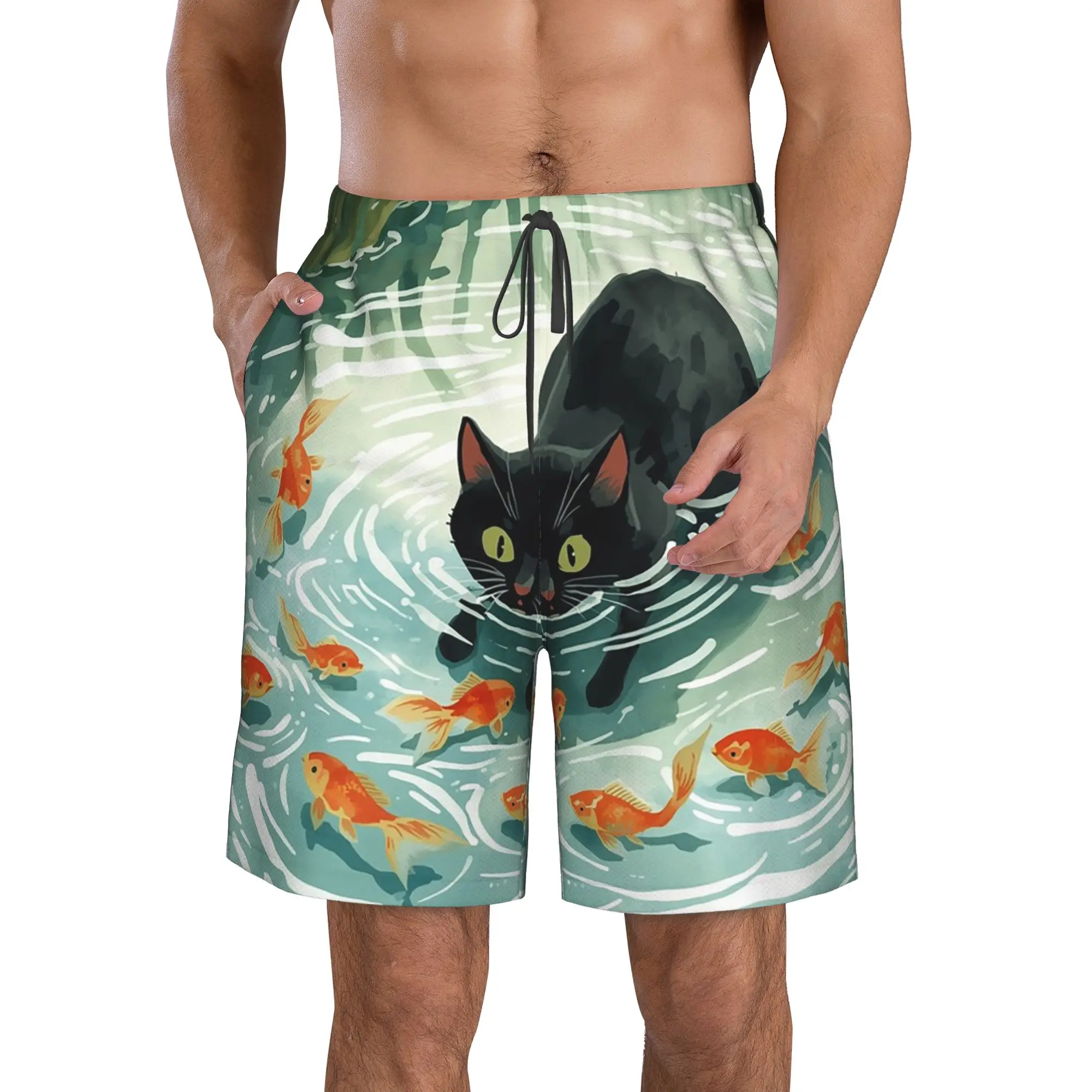 Cat Peeking Into Water Staring at Swimming Fish Trunks Beach Board Shorts Casual Quick Dry Swim Summer Men Pants