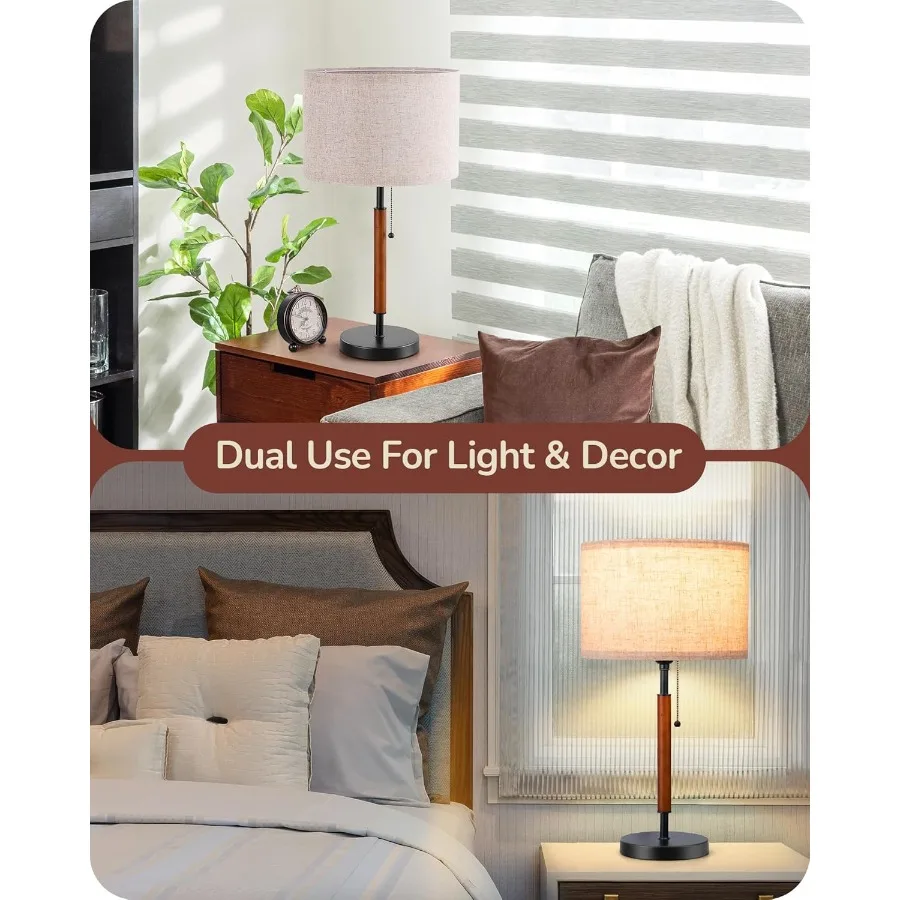 مصباح طاولة منتصف القرن، سلسلة سحب، مصباح بجانب السرير مع غطاء من الكتان، عمود من الخشب الصلب وقاعدة معدنية سوداء، منضدة حديثة L
