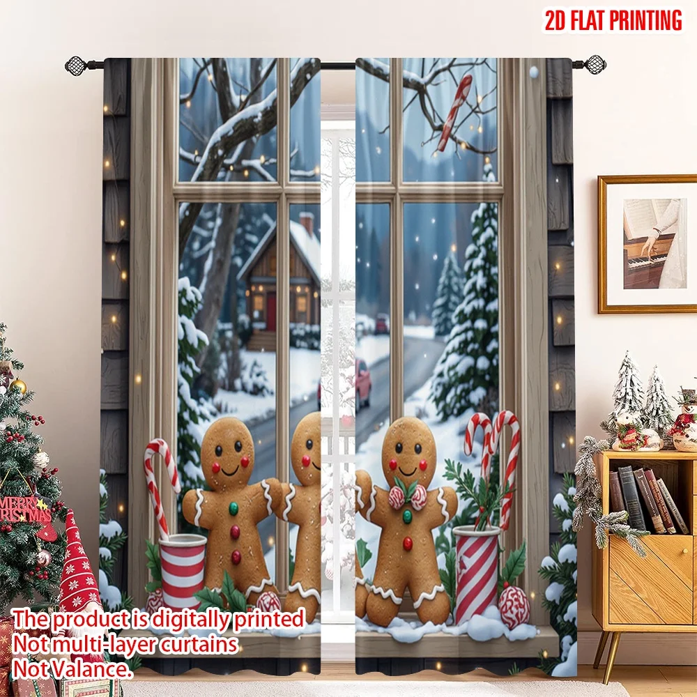 

2pcs 2D flat printing Merry Christmas Party Curtains Gingerbread Men Christmas Scene Polyester Without Electricity Family Party