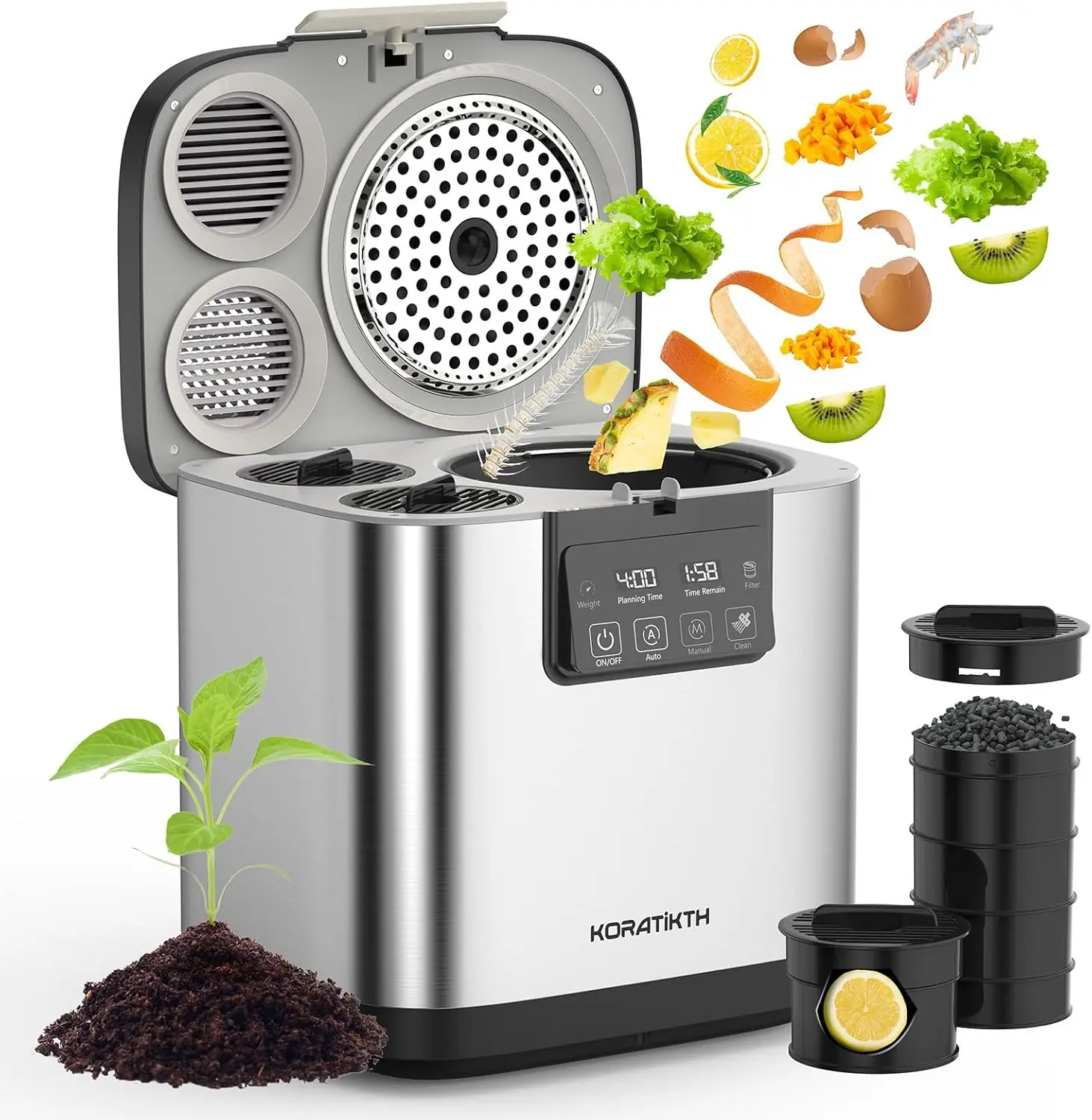 

4L Electric Composter for Kitchen: Indoor Smart Quick Composting Machine with LED Timer Display,