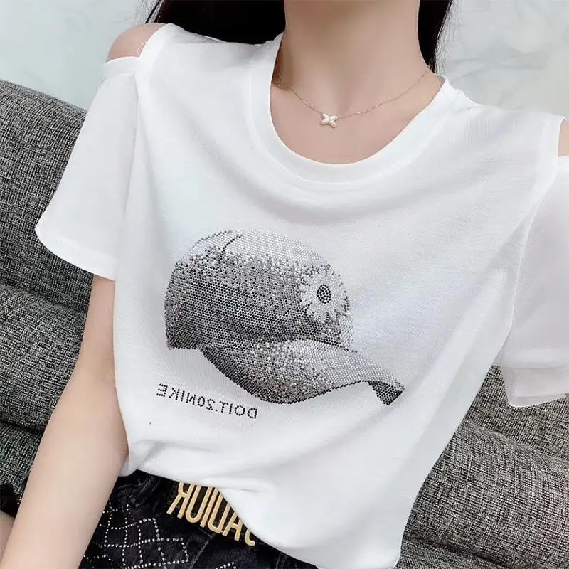 High Street Solid Color T-shirt Female Clothing Chic Diamonds 2023 New Summer Stylish Off Shoulder Casual O-Neck Loose Pullovers