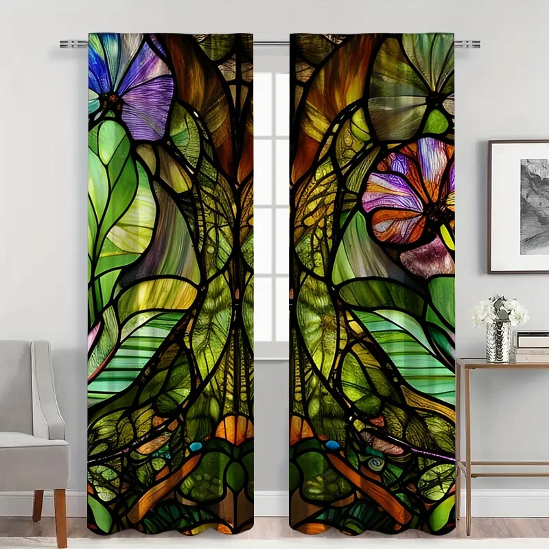 2pcs Stained Glass Leaf Curtains with Rod Pocket, Multicolor Botanical Panels Sheer , Artistic Daylight for Living Room Decor