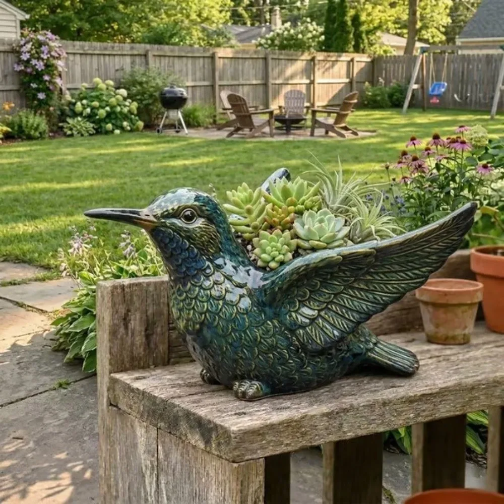 Resin Lively Bird Plant Pot with Drainage Hole Wide Opening Bird Shaped Planter Novelty Style Hummingbirds Flower Pot