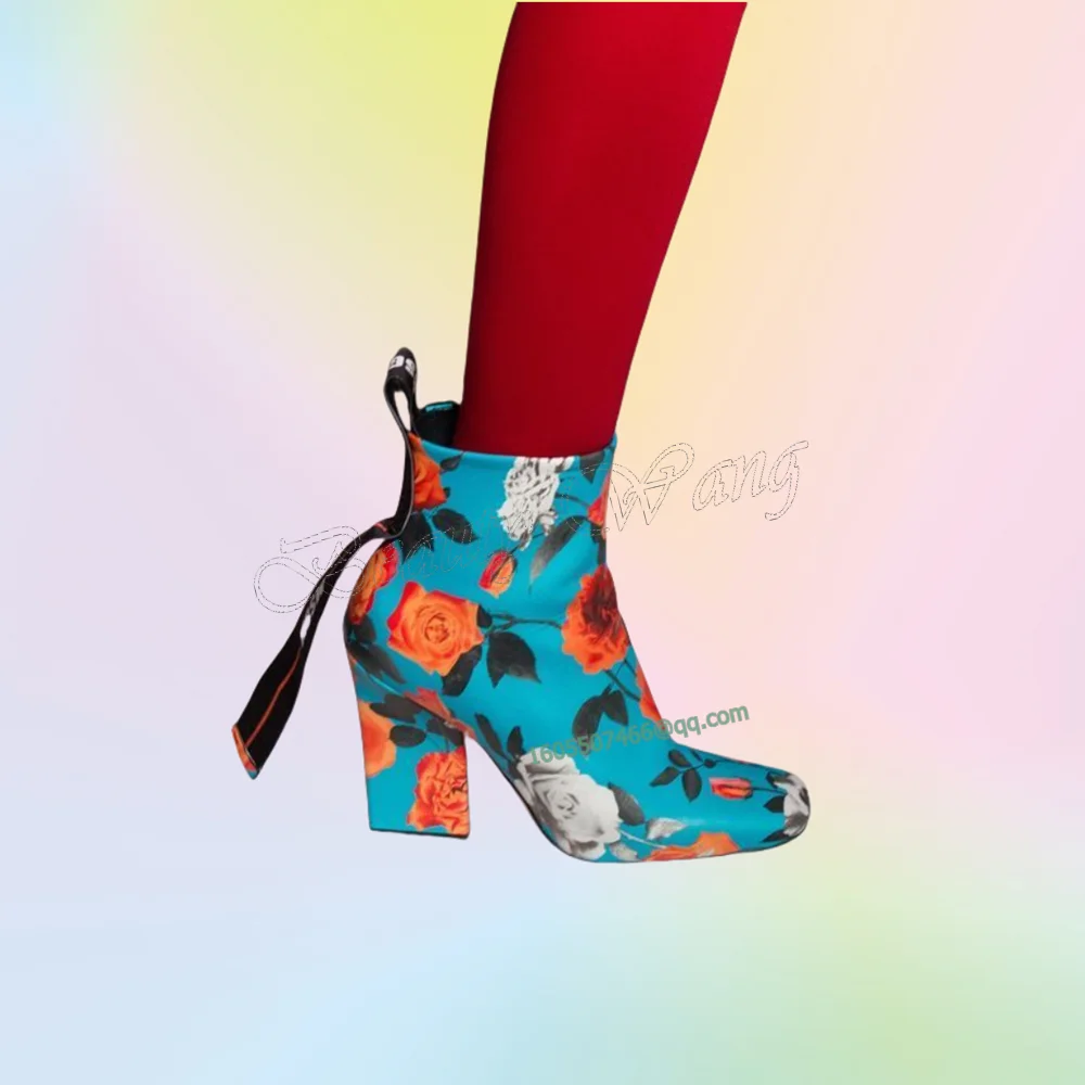 

Сапоги с синим фоном и цветочным принтом, женские высокие туфли на массивном каблуке с боковой молнией и круглым носком, свадебные туфли, 2025 Zapatillas Mujer