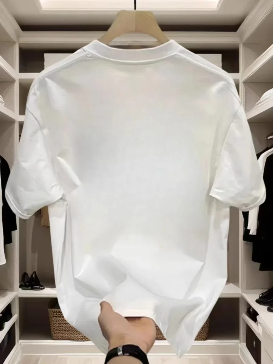 الراقية موضة الرجال تي شيرتات قصيرة الاكمام 2025 جديد الصيف فضفاض الجولة الرقبة القطن الخالص الثقيلة الأمريكية تي شيرت #5