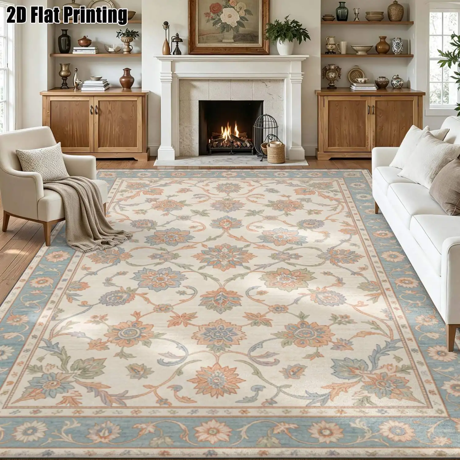 1Pc 2D Printed Carpet: Blue-Orange Floral, European Vintage, Bohemian, Geometric Floral, Simple Fresh Home Decor Mat, Multi-Size, Machine Washable, for Living Room, Bedroom, Dining Room, Entrance, Study