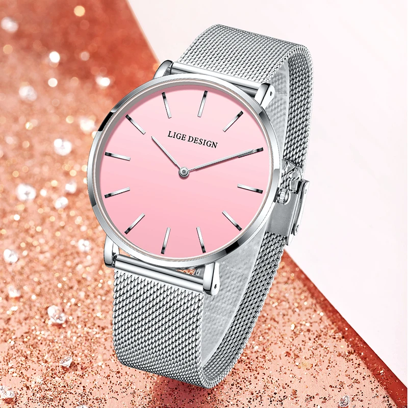 LIGE 2026 TOP Women Watch Ultra Thin Mesh Strap Quartz Wristwatch 3ATM Waterproof Elegant Ladies Dress Gift Clock reloj de mujer