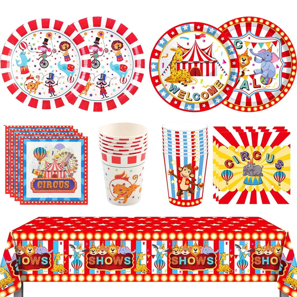 Juego de Vajilla para Fiesta de Circo, Platos, Vasos, Servilletas y Mantel de Papel con Diseño de Animales y Carpa a Rayas Rojas, Decoración para Cumpleaños Infantiles y Baby Shower