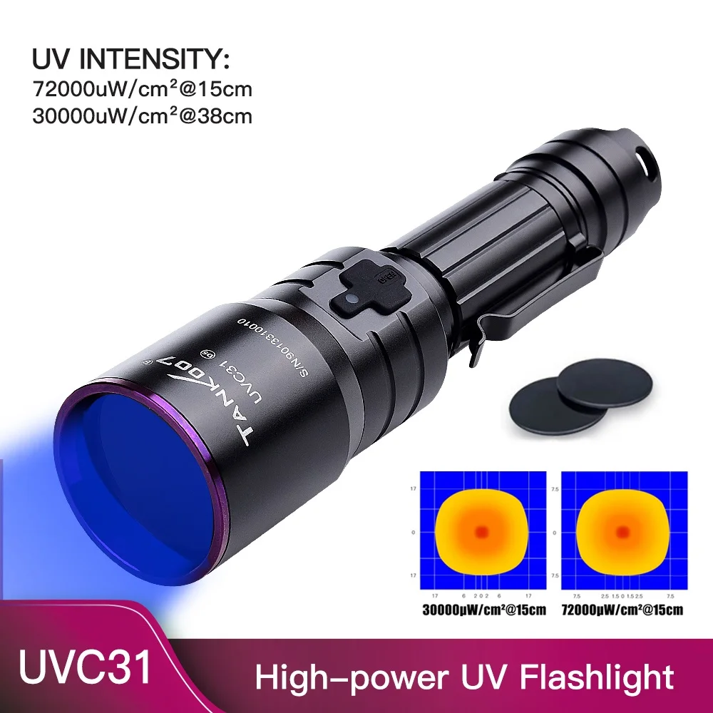 

Rechargeable UV Flashlight Nichia 365nm 5W Torch Pure Ultraviolet Light by 18650 Battery for Research Self Defense-TANK007 UVC31