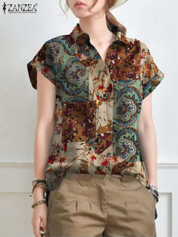 ZANZEA 2024 Summer Vintage Floral Printed Blouse Women Tops Bohemian Short Sleeve Shirt Retro Lapel Neck Casual Loose Blusas