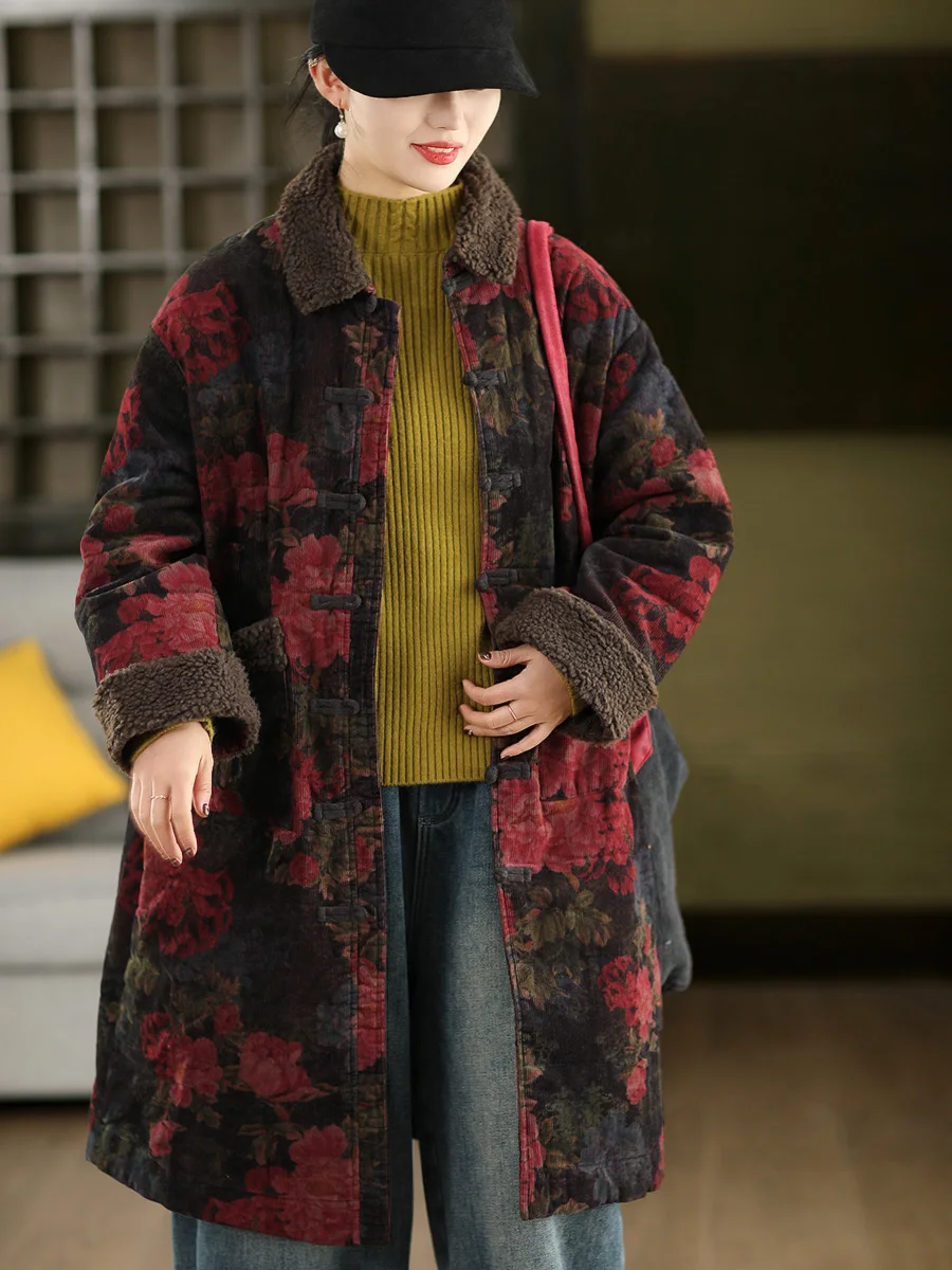 

Утепленное хлопковое стеганое пальто средней длины для женщин с принтом, пэчворком, отделкой из овечьей шерсти и вельвета, на пуговицах, в художественном стиле