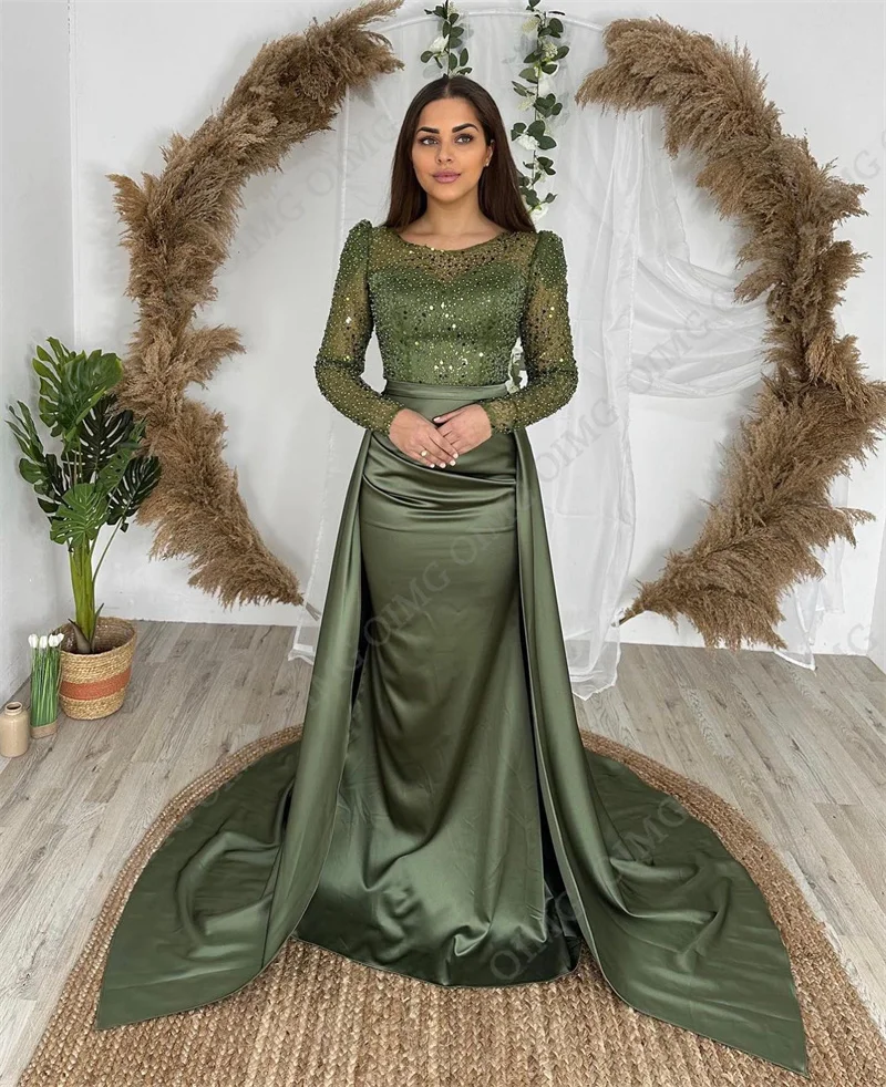 OIMG Saudi Arabic Green Shiny Evening Dresses O Neck Beads Sequins Queen Prom Gowns Elegant Formal Party Dress Vestidos 2023