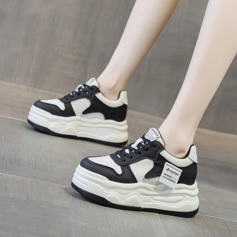 

Womens Black White Color Block Chunky Platform Dad Sneakers Lace Up Height Increasing Casual Daily Sports Skate Shoes Leisure