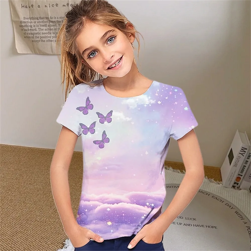 Children's Clothing Girl T-Shirt Pretty Butterfly 3D Print Short Sleeve Kids Summer Clothes Kawaii Casual Round Neck Girl Tops