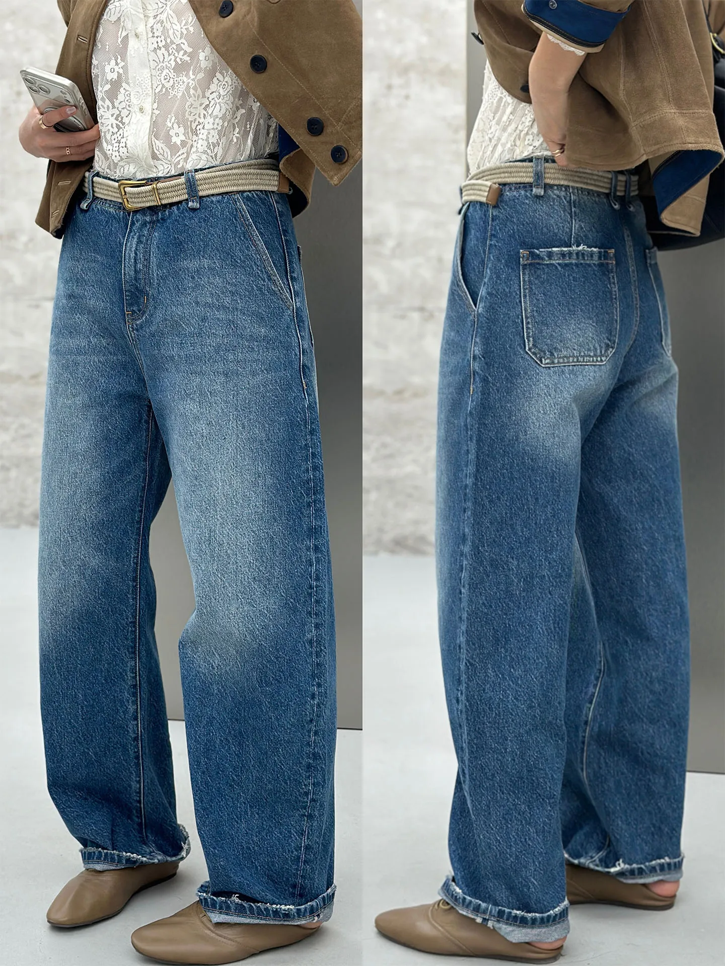 

Bodhl Retro Distred Wide Leg Jeans Women's Faionable Spring High Waist Cotton Casual Color All Seasons