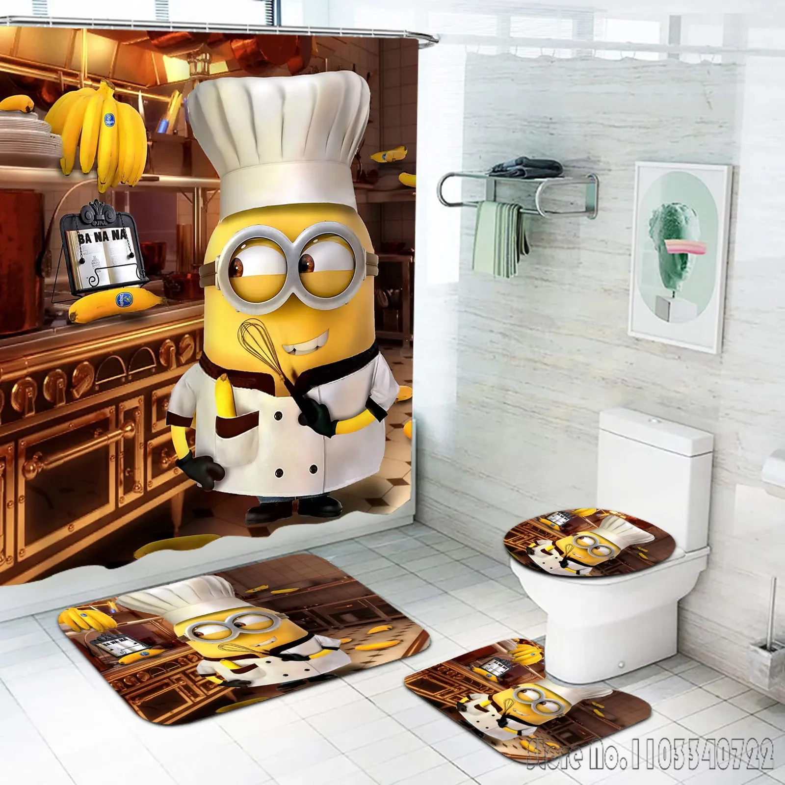 Baby Kids M-Minions Animal Anime Bath Shower Curtain Set 4pcs with Hooks Waterproof Bathroom Toilet Mat Lid Decor