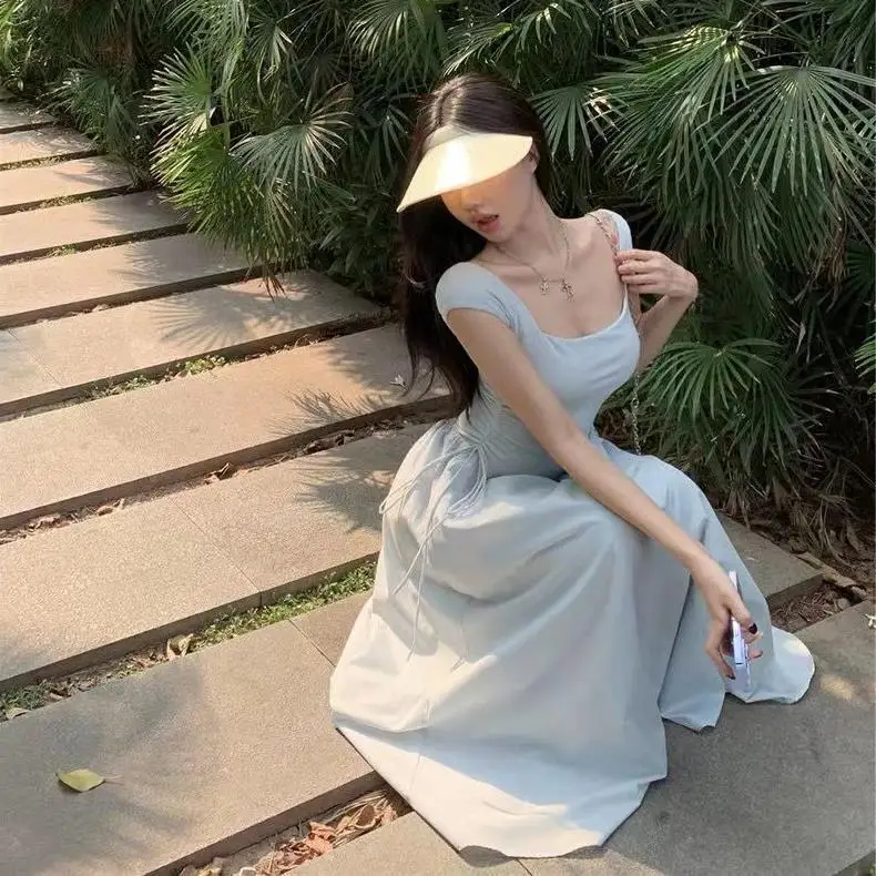 Robe d'été à col carré pour femmes, fermeture à la taille française et amincissante, Design trapèze avec cordon de serrage