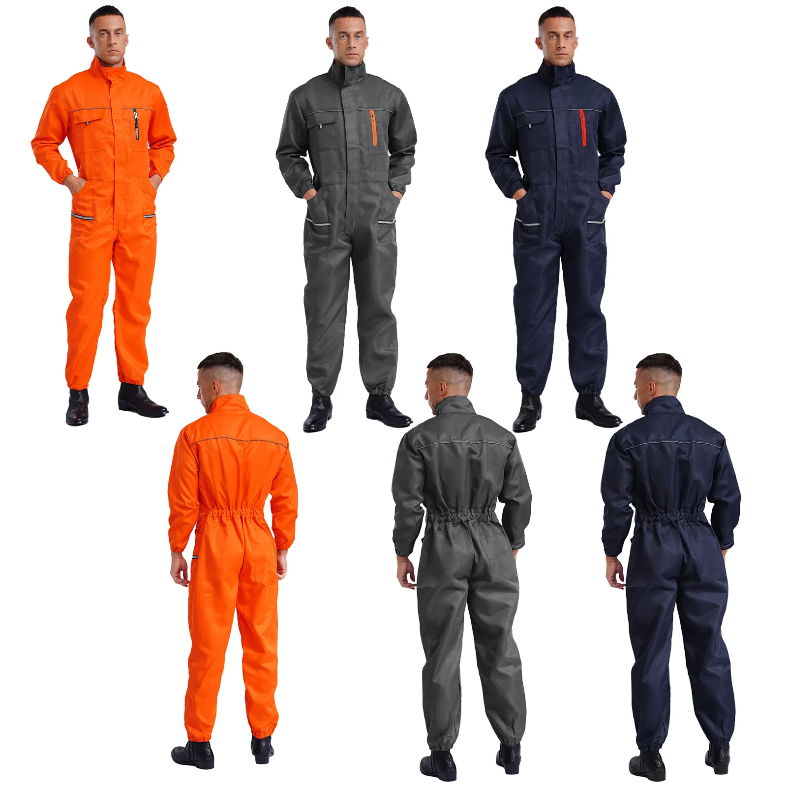 Adults Multi-pockets Work Uniforms Unisex Wear Resistant Coveralls Stand Collar Long Sleeve Reflective Stripes Jumpsuit