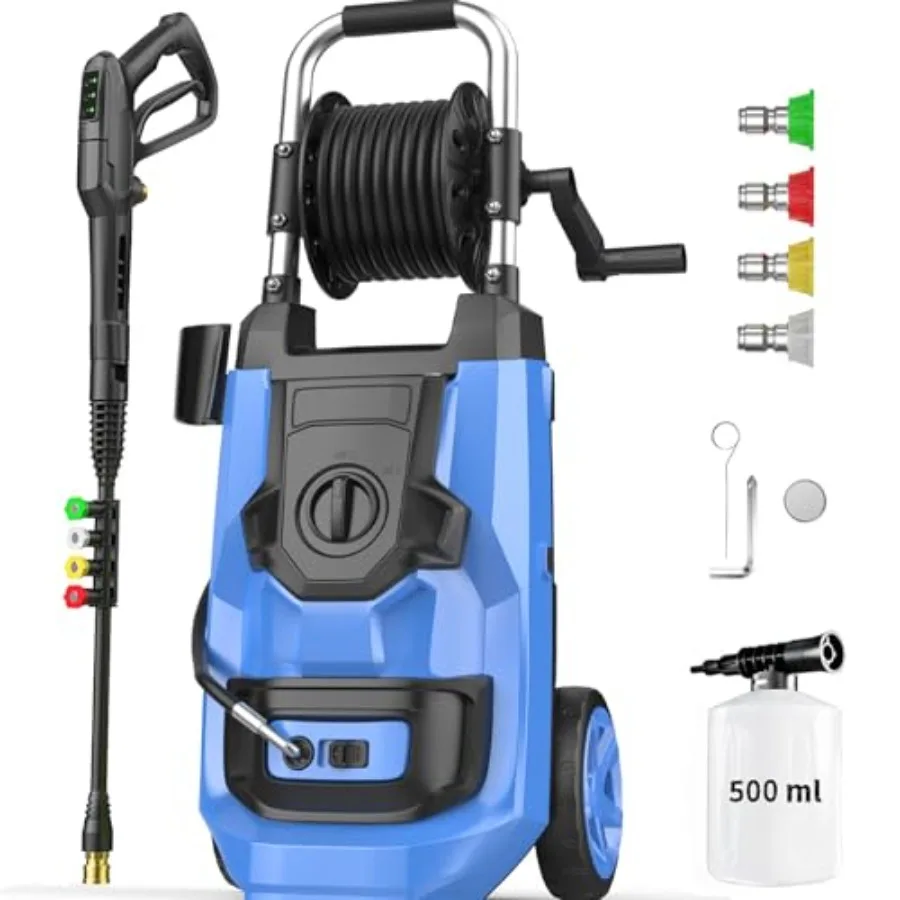 

Electric Pressure Washer 5000 PSI for home use, blue ABS plastic housing, adjustable pressure, 33ft hose, 4 nozzles, 500ml foam
