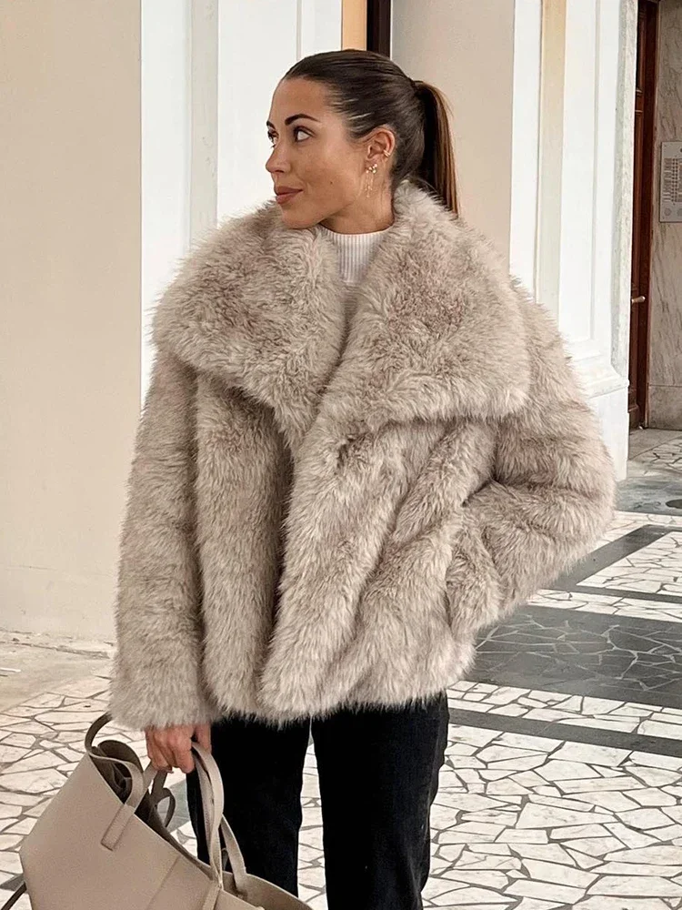 Autumn Winter New Fashion Fluffy Faux Fur Coat Women Casual Solid Long Sleeve Turn-down Collar Warm Coats Female Jacket